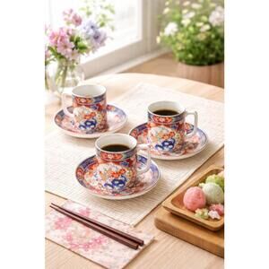 Andrea By Sadek Japan 1960s Imari Style 3 Sets Demitasse Cups Saucers + 1 Saucer